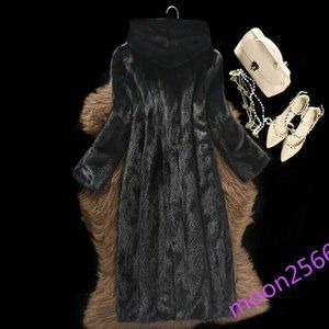 Black Mink Faux Fur Hood Winter Coat Jacket Knee Length Size Small S NEW